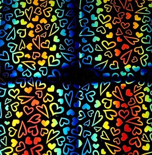 96 Pre Made Etched Pattern #222 Dancing Hearts, RBC Candy Dichroic on Thin Black Glass