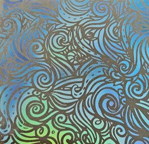 90 Pre Made Etched Pattern #163 Mermaid Curls, Aurora Borealis Blue Gold CBS Dichroic on Vintage Uroboros FX Thin Clear Glass