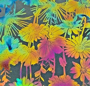90 Pre Made Etched Pattern #168 Flower Garden 1, Aurora Borealis G-Magenta CBS Dichroic on Vintage FX Thin Clear Glass