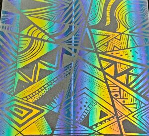 90 Pre Made Etched Pattern #169, Geometric Patchwork, RBB Cyan Red CBS Dichroic on Vintage FX Thin Clear Glass Glass