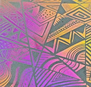 90 Pre Made Etched Pattern #169 Geometric Patchwork, Aurora Borealis G-Magenta CBS Dichroic on Vintage Uroboros FX Thin Clear Glass