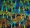 90 Pre Made Etched Pattern #174 Small Tree Silhouette, Aurora Borealis Cyan Red CBS Dichroic on Thin Black Glass