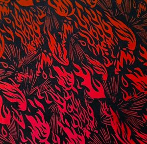 90 Pre Made Etched Pattern #231 Flames, Cyan Dark Red CBS Dichroic on Thin Black Glass