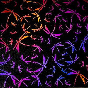 90 Pre Made Etched Pattern #100 Origami Dragonflies, Aurora Borealis G-Magenta Blue CBS Dichroic on Thin Black Glass