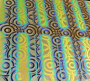 90 Pre Made Etched Pattern #030 Interlocking Circles, RBA Salmon Dichroic on thin Clear Glass