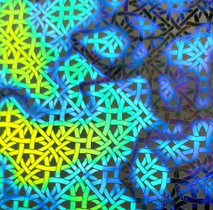 90 Pre Made Etched Pattern #066 Rounded Square Weave, Fusion Cyan Copper CBS Dichroic on Thin Black Glass Glass