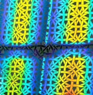 90 Pre Made Etched Pattern #066 Rounded Square Weave, RBB Cyan Red CBS Dichroic on Thin Black Glass