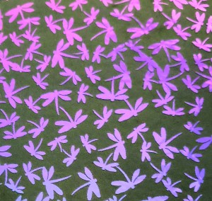 90 Pre Made Etched Pattern #089 Dragonflies, Crinkle Purple  Dichroic on Thin Black Glass