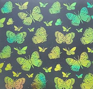 90 Pre Made Etched Pattern #093 Large Butterflies, Aurora Borealis Cyan Copper CBS Dichroic on Thin Clear FX Glass