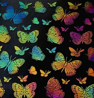 90 Pre Made Etched Pattern #093 Large Butterflies, Aurora Borealis G-Magenta Blue CBS Dichroic on Thin Clear Glass