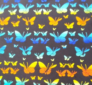 90 Pre Made Etched Pattern #094 Small Butterflies, RBB Cyan Red Dichroic on Thin Black Glass