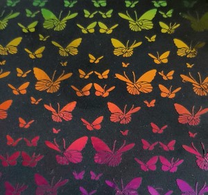 90 Pre Made Etched Pattern #094 Small Butterflies, RBD G-Magenta Blue Dichroic on Thin Black Glass