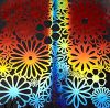 90 Pre Made Etched Pattern #105 Flowers, RBC Cyan Dark Dark Red Dichroic on Thin Clear Glass