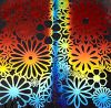 90 Pre Made Etched Pattern #105 Flowers, RBC Cyan Dark Dark Red CBS Dichroic on Thin Clear Glass
