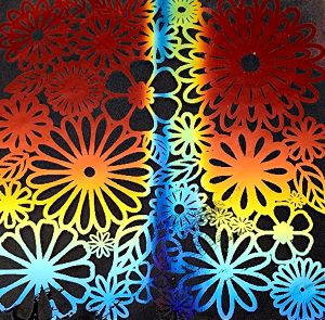 90 Pre Made Etched Pattern #105 Flowers, RBC Cyan Dark Dark Red CBS Dichroic on Thin Clear Glass