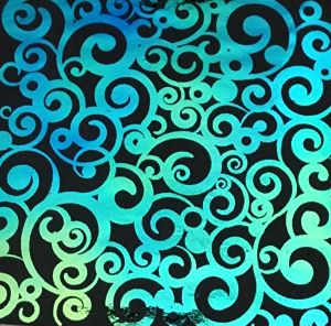 90 Pre Made Etched Pattern #109 Curls, Aurora Borealis Blue Gold CBS Dichroic on Thin Black Glass