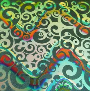 90 Pre Made Etched Pattern #109 Curls, Twizzle Mixture Dichroic on Thin Black Glass