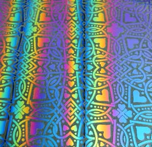 90 Pre Made Etched Pattern #122 Celtic Hearts, Aurora Borealis Cyan Copper CBS Dichroic on Thin Black Glass