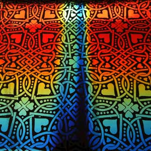 90 Pre Made Etched Pattern #122 Celtic Hearts, RBC Candy CBS Dichroic on Thin Black Glass