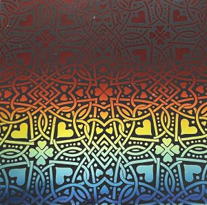 90 Pre Made Etched Pattern #122 Celtic Hearts, RBD Candy CBS Dichroic on Thin Clear Glass