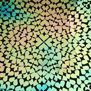90 Pre Made Etched Pattern #123 Exploding Hearts, Aurora Borealis G-Pink CBS Dichroic on Thin Black Glass