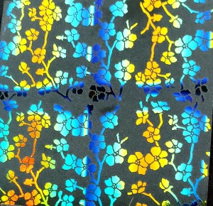 90 Pre Made Etched Pattern #127 Cherry Blossoms, RBB Candy Dichroic on Thin Black Glass