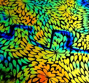 90 Pre Made Etched Pattern #136 Exploding Chrysanthemum, Aurora Borealis Cyan Redroic on Thin Black Glass