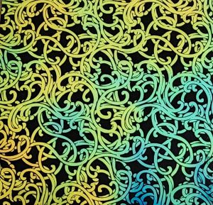 90 Pre Made Etched Pattern #147  Nouveau, Aurora Borealis Cyan Copper CBS Dichroic on Thin Black Glass