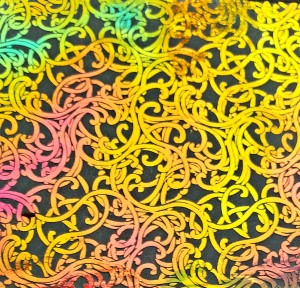 90 Pre Made Etched Pattern #147 , Nouveau, Aurora Borealis G-Magenta CBS Dichroic on Thin Black Glass
