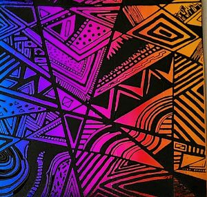 96 Pre Made Etched Pattern #169 Geometric Patchwork, RBD G-Magenta Blue CBS Dichroic on Thin Black Glass