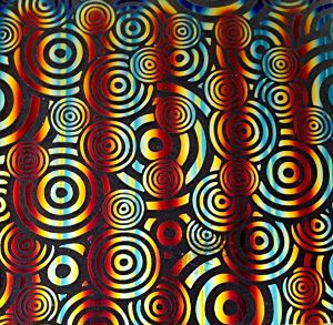 90 Pre Made Etched Pattern #148 Psycho Circles, RBA Candy CBS Dichroic on Thin Clear Glass