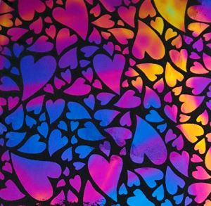 90 Pre Made Etched Pattern #153 Mixed Hearts, Aurora Borealis G-Magenta Blue CBS Dichroic in Thin Black Glass