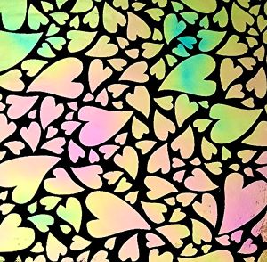 90 Pre Made Etched Pattern #153 Mixed Hearts, Aurora Borealis G-Pink CBS Dichroic in Thin Black Glass