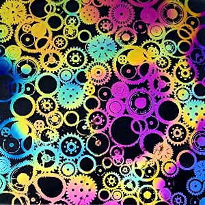 90 Pre Made Etched Pattern #155 Gears, Aurora Borealis G-Magenta CBS Dichroic on Thin Clear Glass