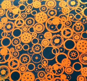 90 Pre Made Etched Pattern #155 Gears, Cyan Red CBS Dichroic on Thin Black Glass