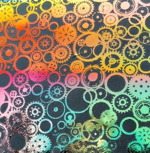 90 Pre Made Etched Pattern #155 Gears, Sunset Blend Dichroic on Thin Black Glass