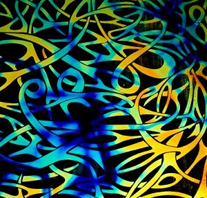 90 Pre Made Etched Pattern #158 Twisted, Fusion Cyan Red CBS Dichroic on Thin Black Glass