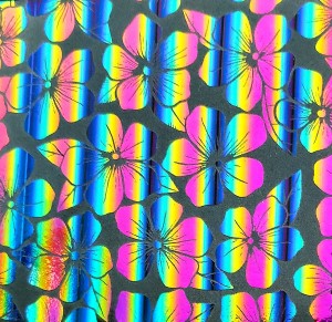 90 Pre Made Etched Pattern #159 Round Plumeria, RBA G-Magenta Blue CBS Dichroic on Thin Black Glass