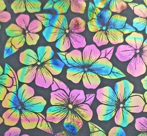 90 Pre Made Etched Pattern #159 Round Plumeria, Twizzle G-Magenta Dichroic on Thin Black Glass