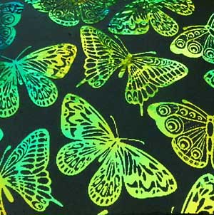 90 Pre Made Etched Pattern #160 Giant Moths, Aurora Borealis Cyan Red Dichroic on Thin Black Glass