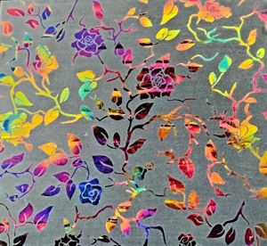 90 Pre Made Etched Pattern #166 Roses and Leaves, Aurora Borealis G-Magenta CBS Dichroic #1 on Clear Glass