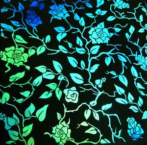 90 Pre Made Etched Pattern #166 Roses and Leaves, Aurora Borealis Cyan Copper Dichroic on Thin Black Glass