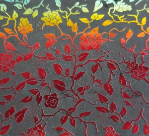 90 Pre Made Etched Pattern #166 Roses and Leaves, RBD Candy Dichroic on Thin Black Glass