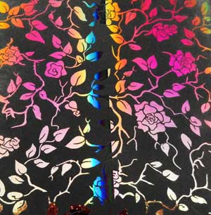 90 Pre Made Etched Pattern #166 Roses and Leaves, RBD G-Magenta Blue CBS Dichroic on Thin Black Glass
