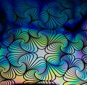 90 Pre Made Etched Pattern #172 Interlocking Gingkos, Reptilian CBS Dichroic on Vintage FX Thin Clear Glass
