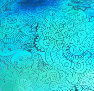 90 Pre Made Etched Pattern #173 Henna Lace, Aurora Borealis Blue Gold  Dichroic on Thin Black Glass