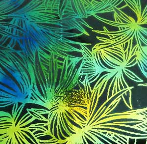 90 Pre Made Etched Pattern #183 Banana Leaf, Aurora Borealis C-Copper Dichroic on Thin Black Glass