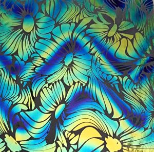90 Pre Made Etched Pattern #194 Tripin' Sunflowers, Twizzle Cyan Copper CBS Dichroic on Thin Clear Glass