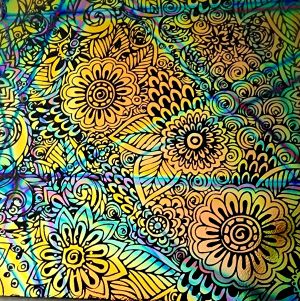 90 Pre Made Etched Pattern #195 Flower Garden 2, Pixie Stix Cyan Red CBS Dichroic on Vintage FX Clear Glass