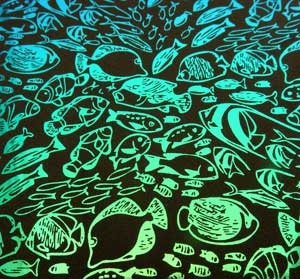 90 Pre Made Etched Pattern #197 School of Fish, Cyan Copper Dichroic on Thin Black Glass